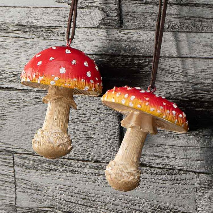 Набор из двух подвесных украшений Мухоморы дисконт Set Of 2 Hanging Red And White Mushrooms 8 cm discount