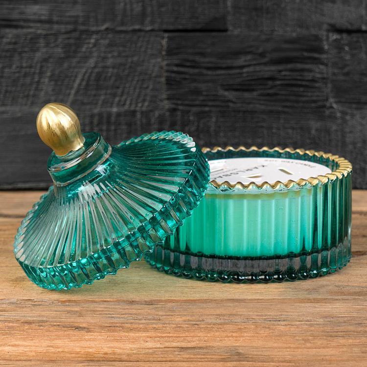 Арома-свеча в мятном рифлёном стакане Белый жасмин, S Aroma Candle In Mint Striped Glass White Jasmine Small