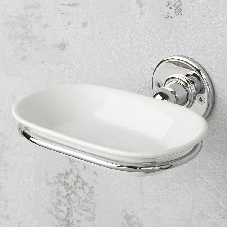 Настенная овальная белая мыльница в подставке цвета хром Soap Dish Chrome And White