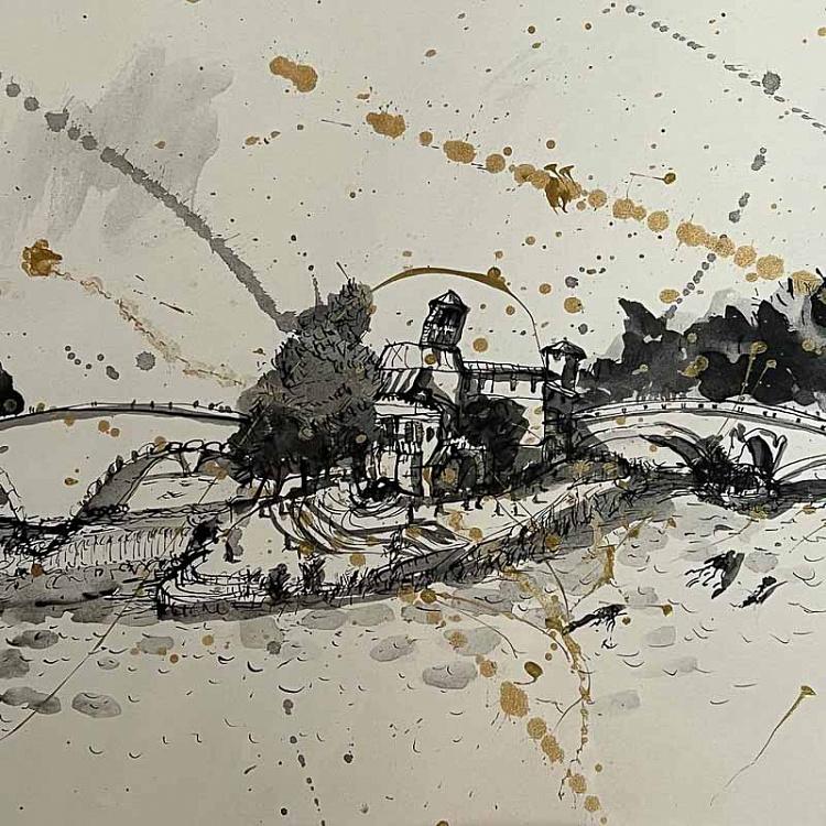 Рисунок тушью с золотом Остров Тиберина Isola Tiberina Drawing With Gold
