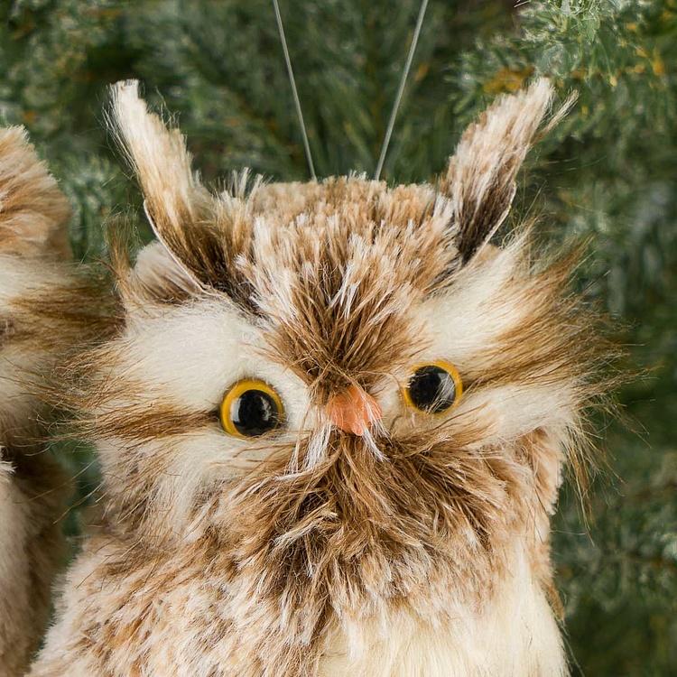 Набор из двух ёлочных игрушек Коричневые пушистые совы Set Of 2 Furry Owls Brown Cream 16 cm