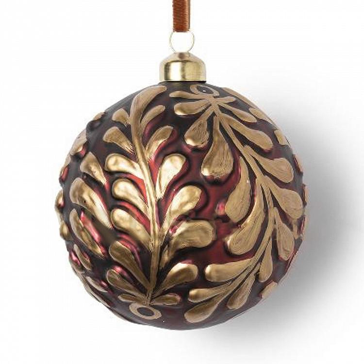 Ёлочная игрушка Красный шар с золотистым лиственным узором Gold Leaves Ball Red 10 cm