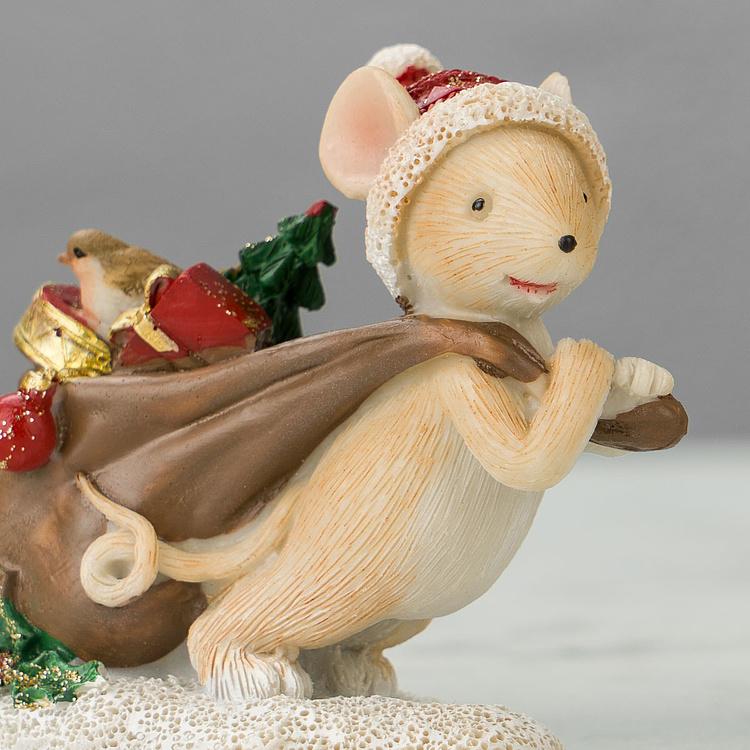 Набор из двух новогодних фигурок Мышки с мешками подарков Set Of 2 Xmas Mice With Gift Bag Brown Red White 12 cm
