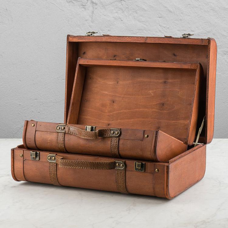 Набор из двух декоративных чемоданов из экокожи Set Of 2 Wood Suitcase Boxes Brown