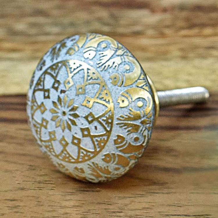 Мебельная ручка из латуни с травлением Рыбки, белая Fish Motif Etched Brass Knob White