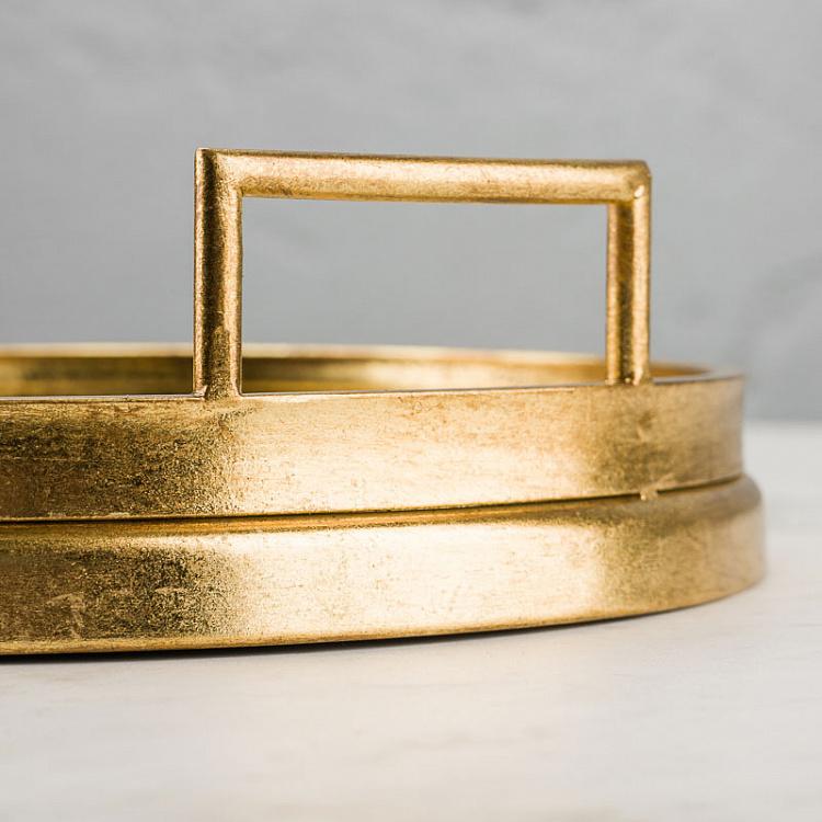 Набор из двух круглых подносов с зеркалом и ручками Set Of 2 Trays Mirror Antique Gold