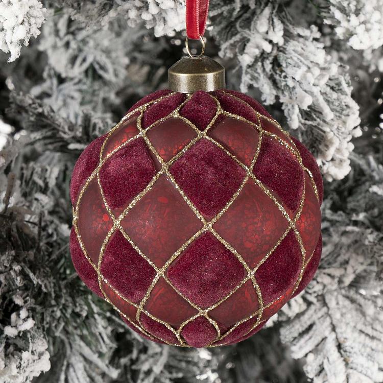 Ёлочная игрушка Бордовый шар с бархатными клетками Velvet Ball Burgundy 10 cm