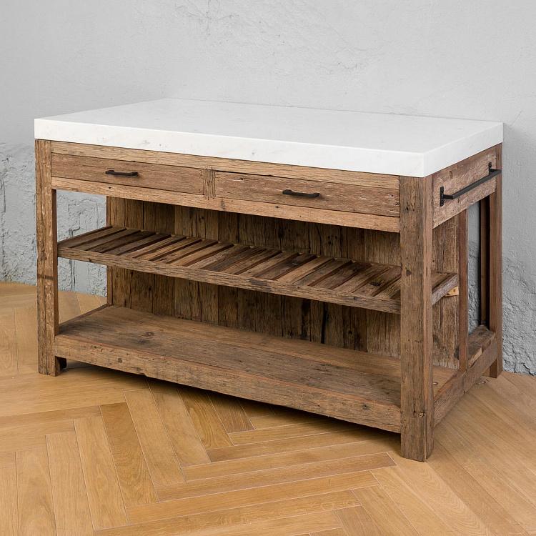 Кухонный стол-остров с мраморной столешницей Грета Greta Marble Top Kitchen Counter Reclaimed Wood