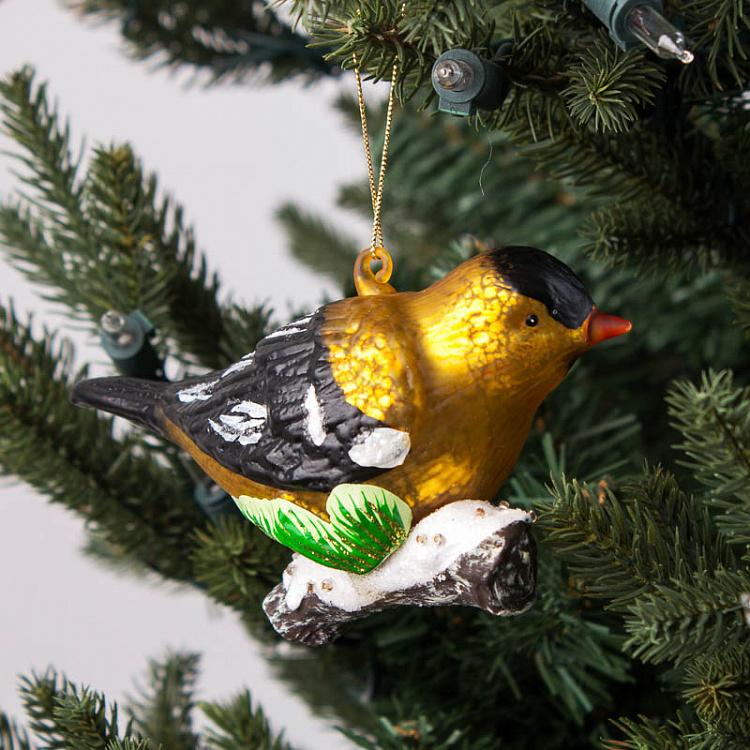 Ёлочная игрушка Птичка на ветке Glass Bird On Twig Yellow Black 12,5 cm