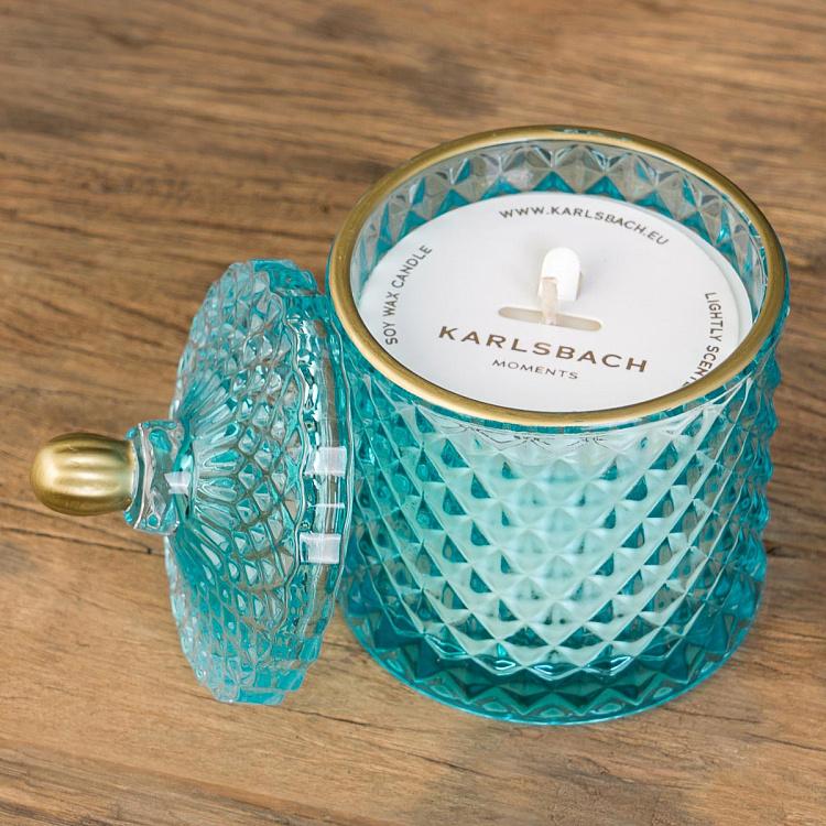 Арома-свеча в голубом фасетном стакане Огурец, S Aroma Candle In Blue Faceted Glass Cucumber Small