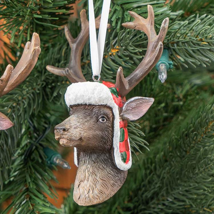 Набор из 2-х ёлочных игрушек Головы оленя и лося в шапках Set Of 2 Deer And Moose Heads With Hat Brown 13,5 cm