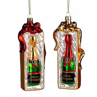 Набор из 2-х ёлочных игрушек Set Of 2 Glass Champagne Bottles Gift Box Green 16 cm