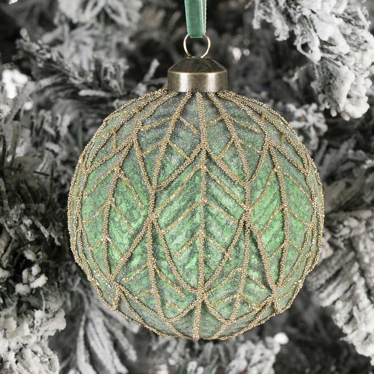 Ёлочная игрушка Зелёный шар с золотым лиственным узором Gold Pattern Ball Green 10 cm