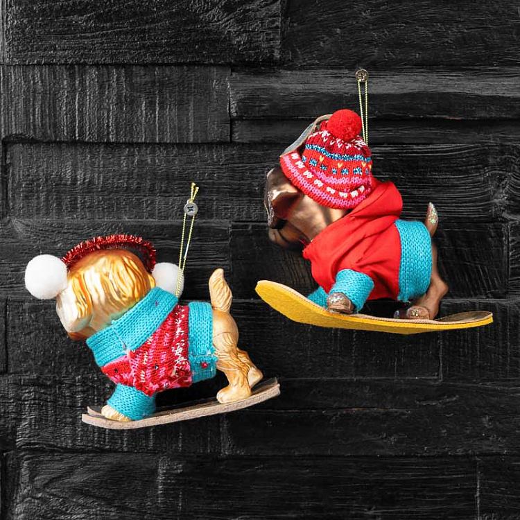 Набор из двух ёлочных игрушек Собачки на сноубордах дисконт1 Set Of 2 Glass Snowboard Dogs Brown/Red 15 cm discount1