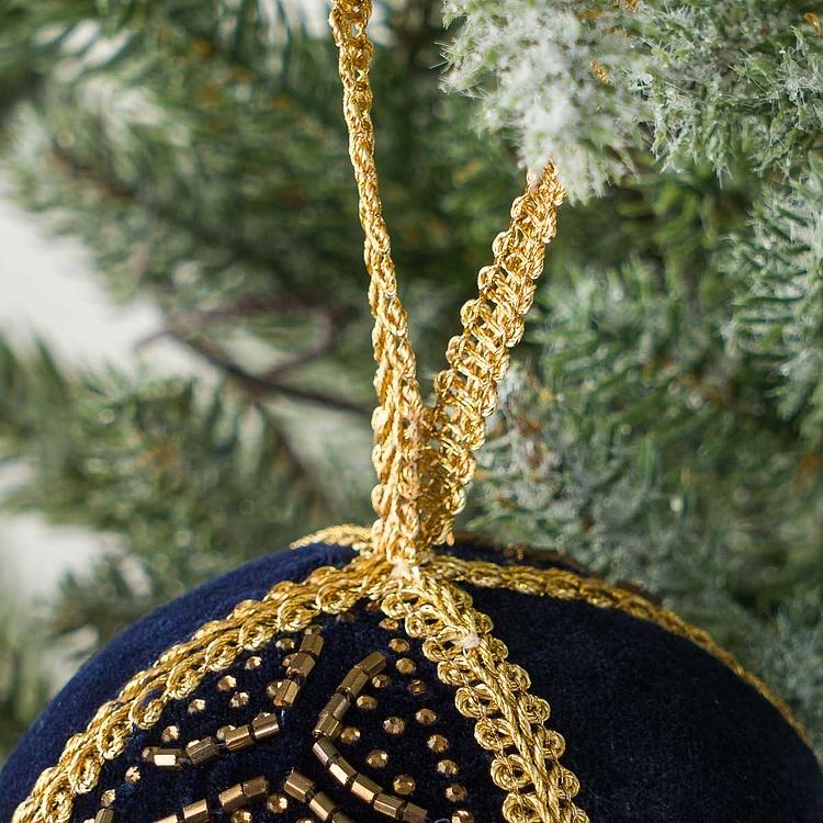 Ёлочная игрушка Текстильный шар индиго с золотистым узором Gold Pattern Textile Ball Indigo 9 cm