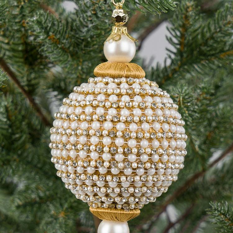 Новогодняя подвеска Шар с золотой кисточкой Жемчуг Pearl Rhinestone Ball With Gold Tassel 26 cm