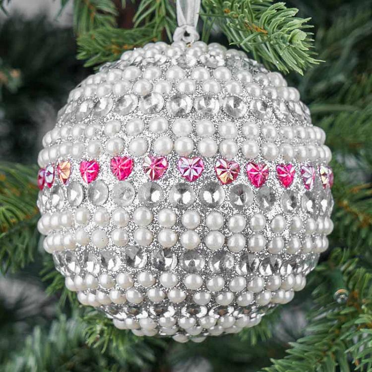 Ёлочная игрушка Серебристый Шар с жемчугом и сердечками Pearls And Pink Hearts Ball Silver 9 cm