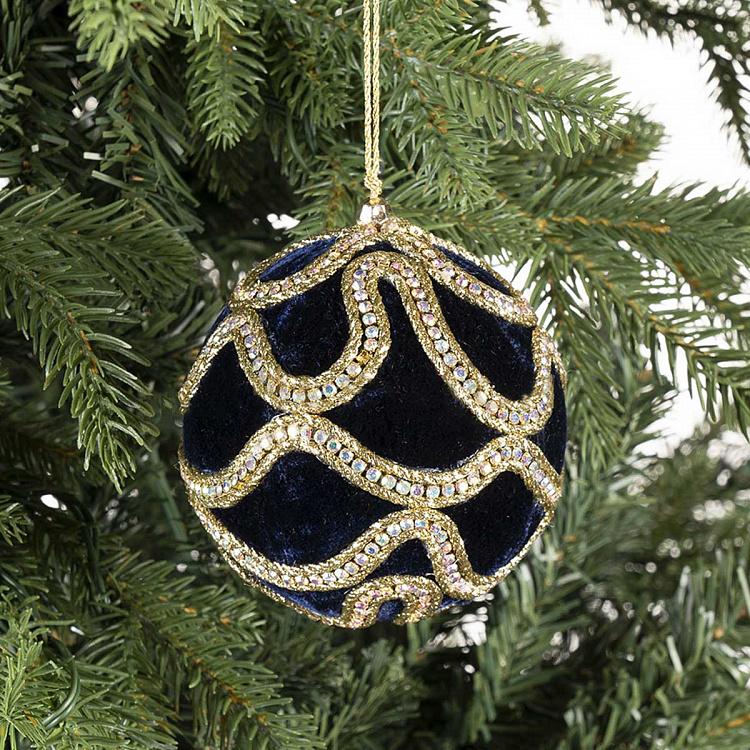 Gold Ornament Velvet Ball Dark Blue 12 cm