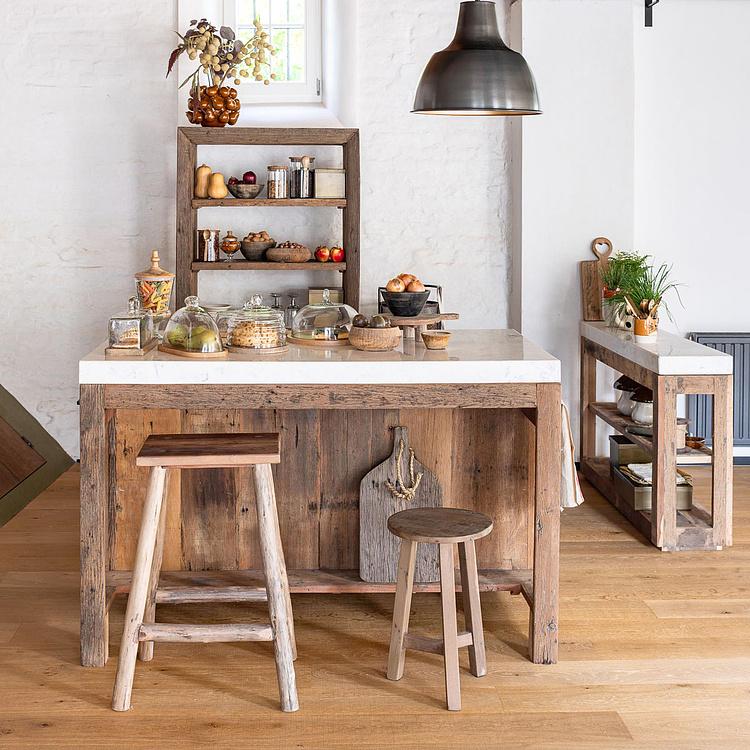 Кухонный стол-остров с мраморной столешницей Грета Greta Marble Top Kitchen Counter Reclaimed Wood