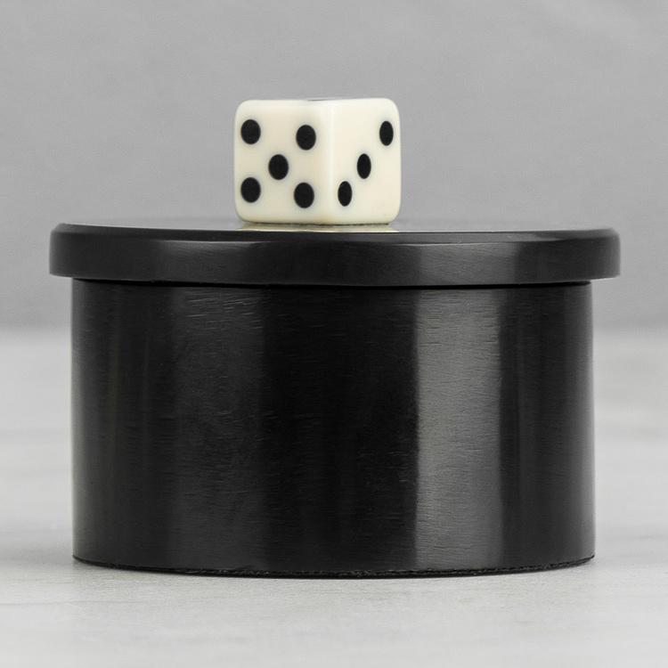 Белые игральные кости в чёрной круглой шкатулке  Black Dice Box With 6 Dices