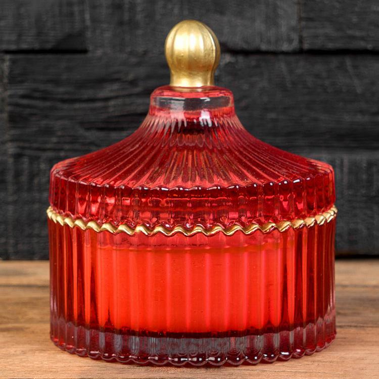 Арома-свеча в красном рифлёном стакане Фиолетоволистная роза, S Aroma Candle In Red Striped Glass Berry Rose Small