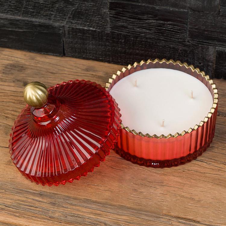 Арома-свеча в красном рифлёном стакане Фиолетоволистная роза, L Aroma Candle In Red Striped Glass Berry Rose Large