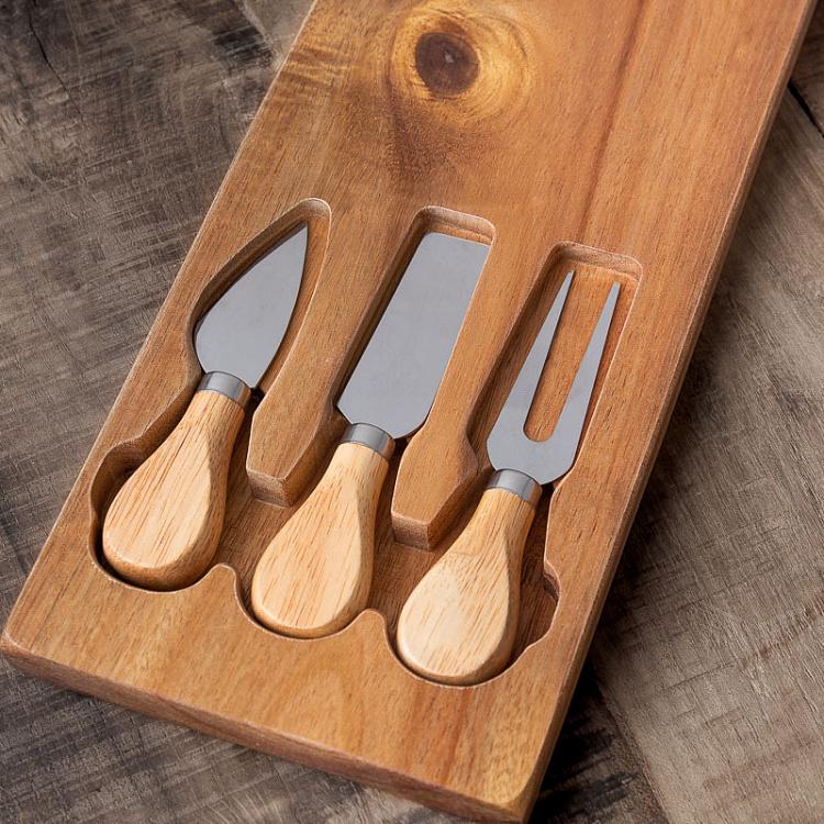 Набор для сыра Доска и 3 прибора Set Of 4 Planche A Fromage En Acacia Et Acier Inoxydable Avec Couteaux/Fourchette