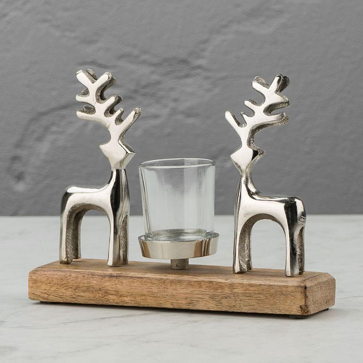 Подсвечник с двумя оленями на деревянной подставке 2 Deer Candle Holder