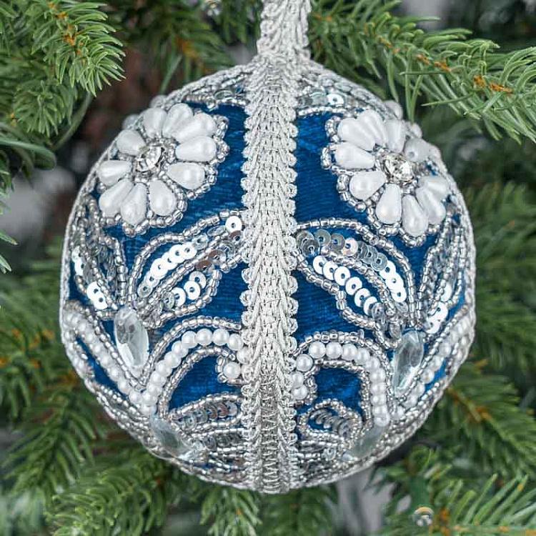 Ёлочный шар Бархатный с пайетками и стразами Silver Sequin Pattern Velvet Ball Blue 10 cm