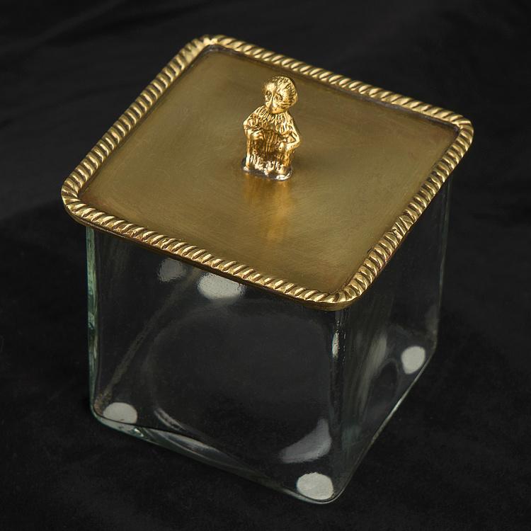 Ёмкость для хранения с латунной обезьянкой на крышке Square Glass Box With Brass Monkey Lid