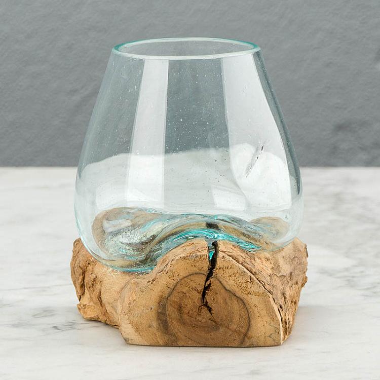 Стеклянная ваза на основании из корней тика Vase En Verre Sur Support Racine