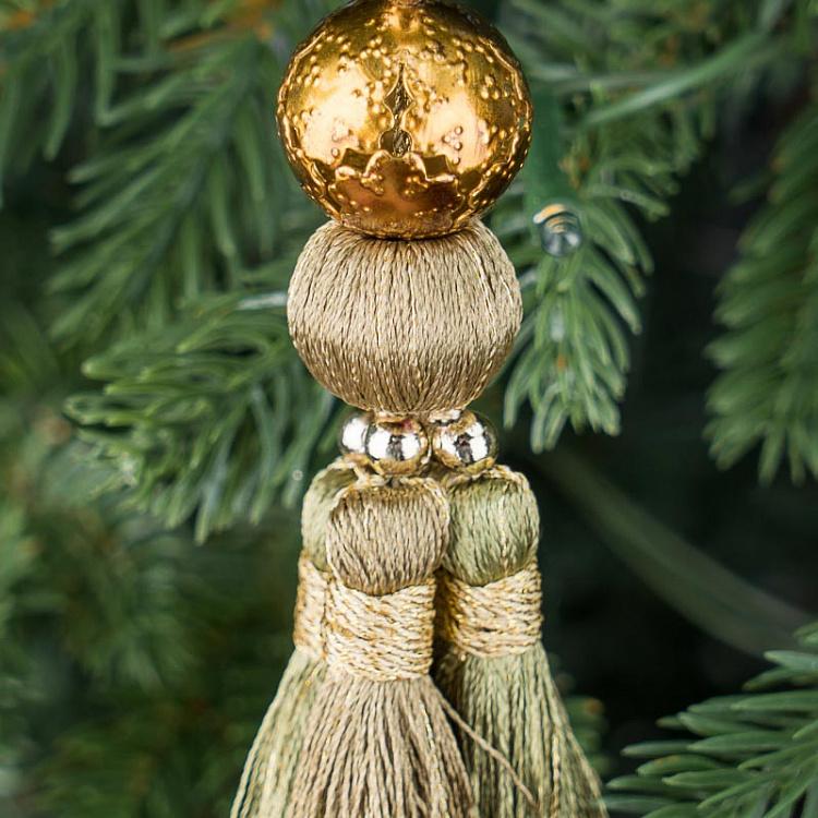 Новогодняя подвеска из бусин золотисто-зелёная с кисточкой  Beads Pendant With Tassel Gold Green 19 cm