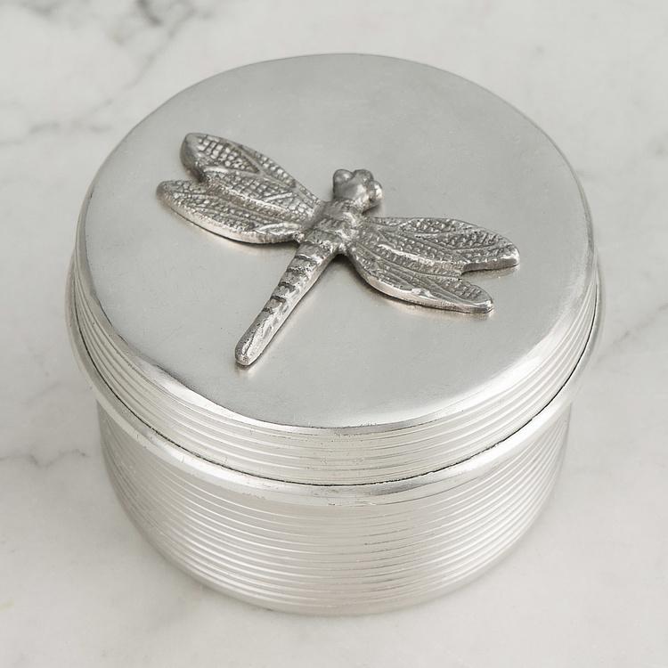 Круглая серебристая шкатулка со стрекозой Dragonfly Round Box Silver