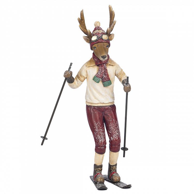 Новогодняя фигурка Олень на лыжах Skiing Deer Cream Burgundy 28,5 cm