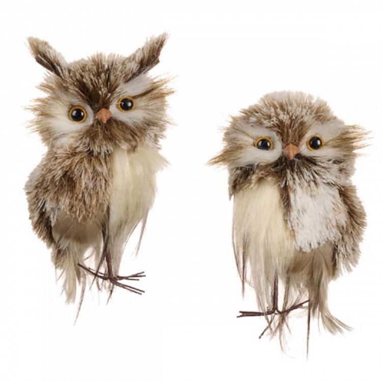 Набор из двух новогодних фигурок Пушистые совы коричнево-кремовые Set Of 2 Furry Owls Brown Cream 16 cm