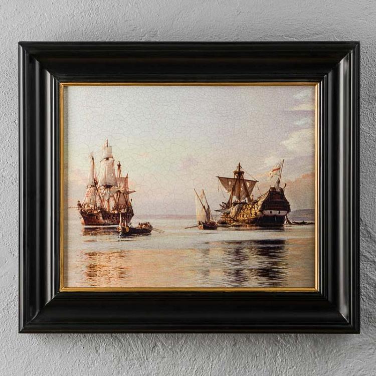 Картина маслом в чёрно-золотой раме Сэр Фрэнсис Дрейк на борту Мести Sir Francis Drake On Board The Revenge, ANTB Frame