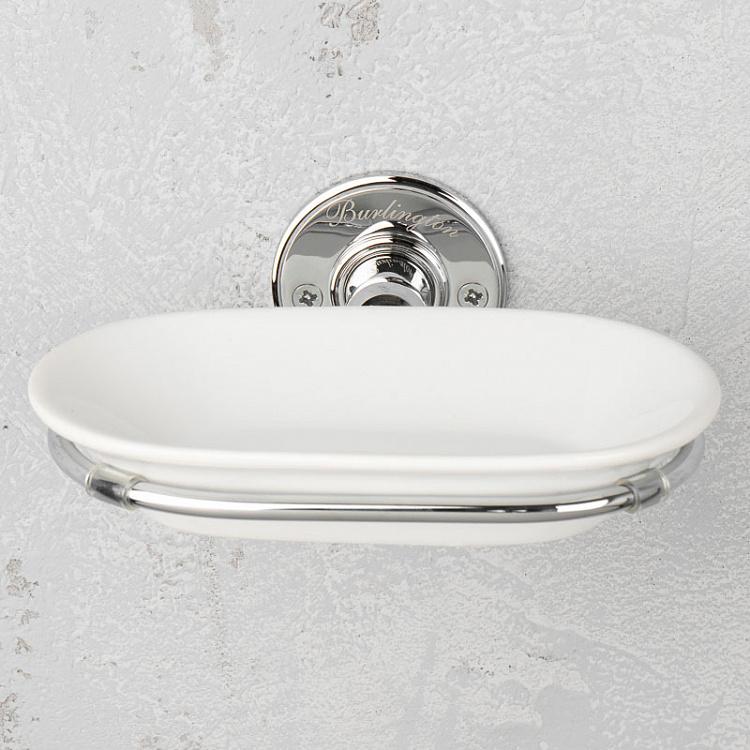 Настенная овальная белая мыльница в подставке цвета хром Soap Dish Chrome And White