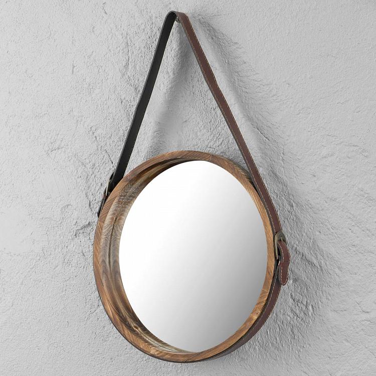 Настенное круглое зеркало из тёмного дерева на ремешке Round Dark Wood Mirror With Faux Leather Strap