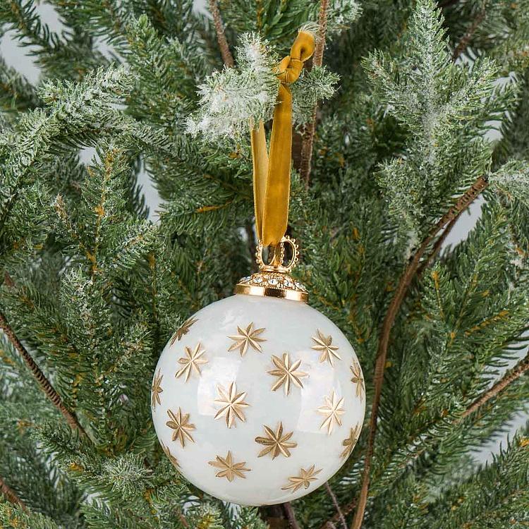 Ёлочная игрушка Белый шар с золотыми снежинками, M Gold Snowflakes Ball White 10 cm