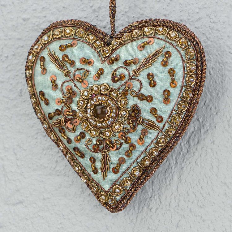 Ёлочная игрушка Вышитое зелёное сердце Embroidered Hanging Green Heart 11 cm