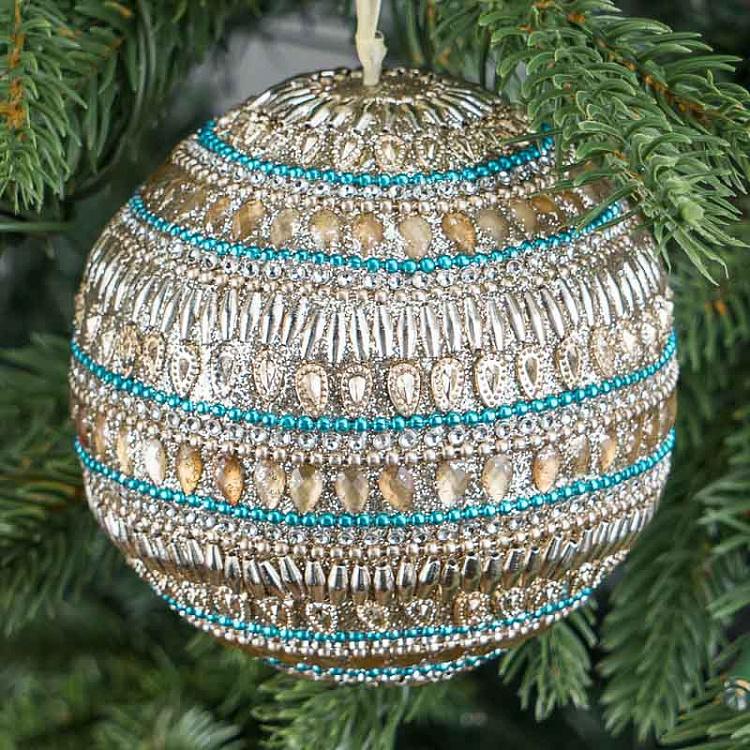 Ёлочная игрушка Золотисто-голубой шар с орнаментом из бисера Beads Ornament Ball Gold Blue 9 cm