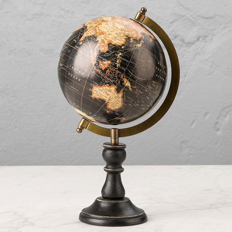 Винтажный чёрный глобус на деревянном основании Vintage Globe Black On Black Base Mango Wood