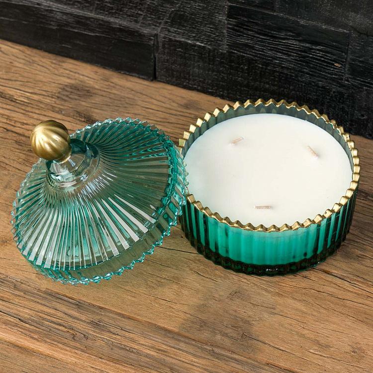 Арома-свеча в мятном рифлёном стакане Белый жасмин, L Aroma Candle In Mint Striped Glass White Jasmine Large