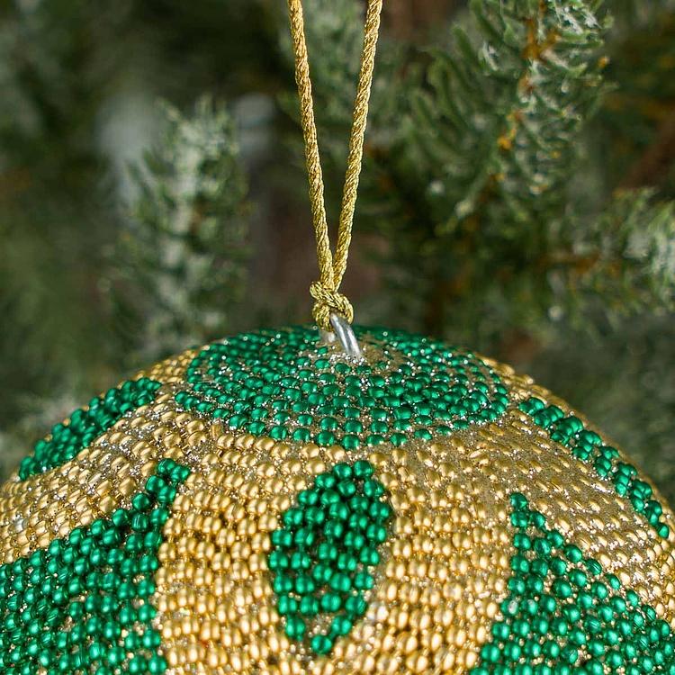Ёлочная игрушка Шар с узором из золотого и зелёного бисера, S Beads Ball Gold And Green 9 cm