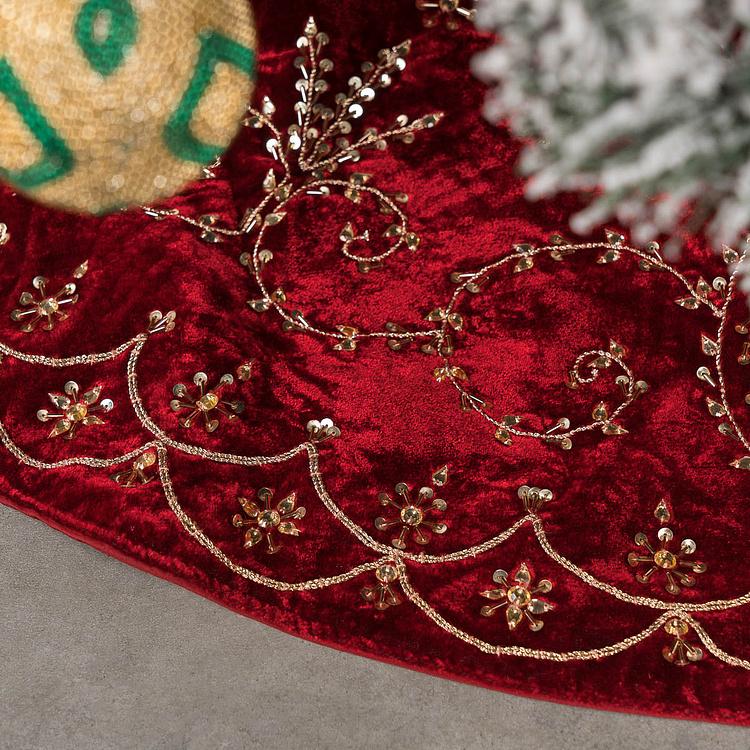 Бордовый коврик-юбка под ёлку большой с золотыми пайетками Gold Beads Christmas Tree Skirt Burgundy 120&nbsp;cm