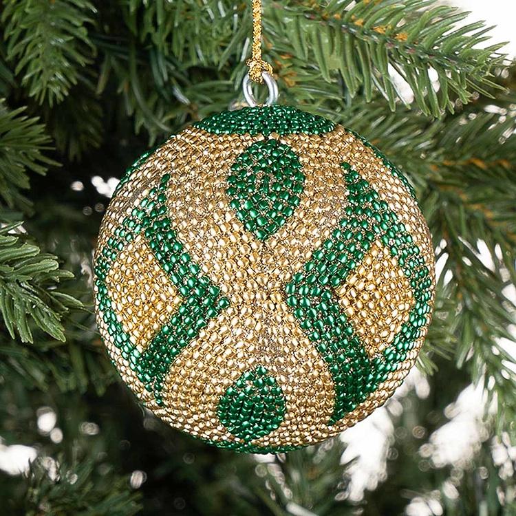 Ёлочная игрушка Шар с узором из золотого и зелёного бисера, XS Beads Ball Gold And Green 7 cm