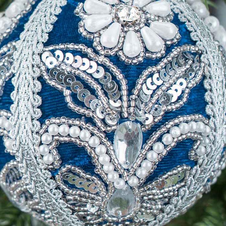 Ёлочный шар Бархатный с пайетками и стразами Silver Sequin Pattern Velvet Ball Blue 10 cm