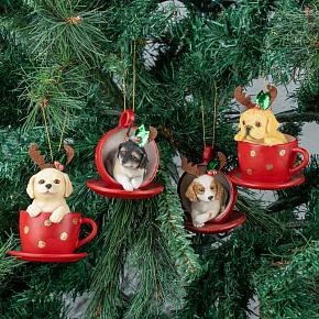 Set Of 4 Xmas Dogs In Cup Red 8,5 cm