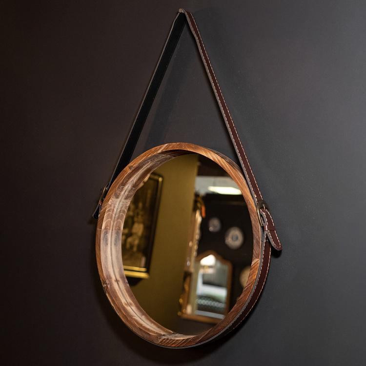 Настенное круглое зеркало из тёмного дерева на ремешке дисконт Round Dark Wood Mirror With Faux Leather Strap discount