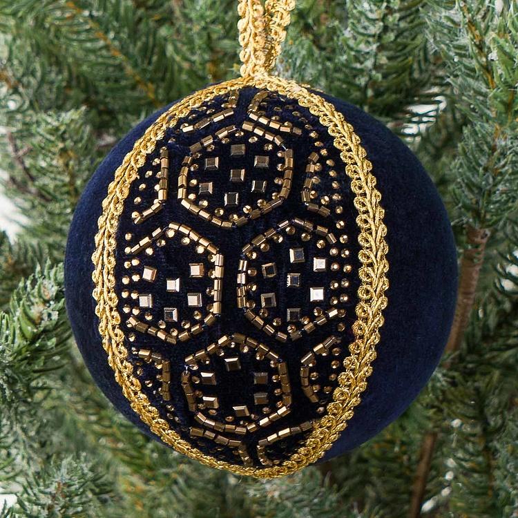 Ёлочная игрушка Текстильный шар индиго с золотистым узором Gold Pattern Textile Ball Indigo 9 cm